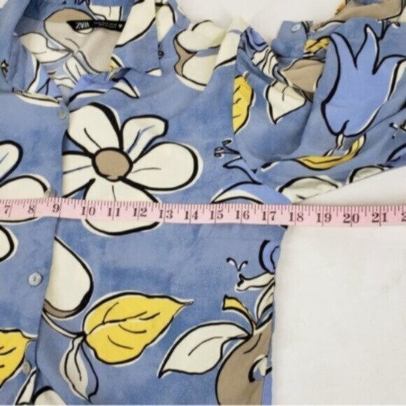 Zara Cropped Long Sleeve Floral Print Button up Top Size Medium Blue Whi… - Picture 9 of 12